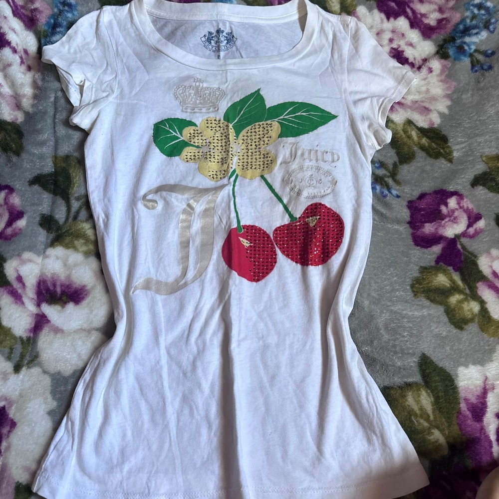Juicy Couture Women White Cherry Rhinestone Graphic Scoop Neck T-Shirt Size P